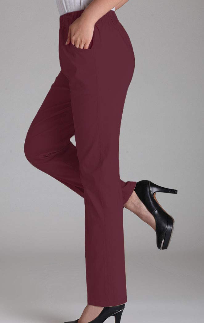 Soojun Womens Summer Elastic Waist Comfy Stretch Pull On Pants, Burgundy, X-Large - Image 2